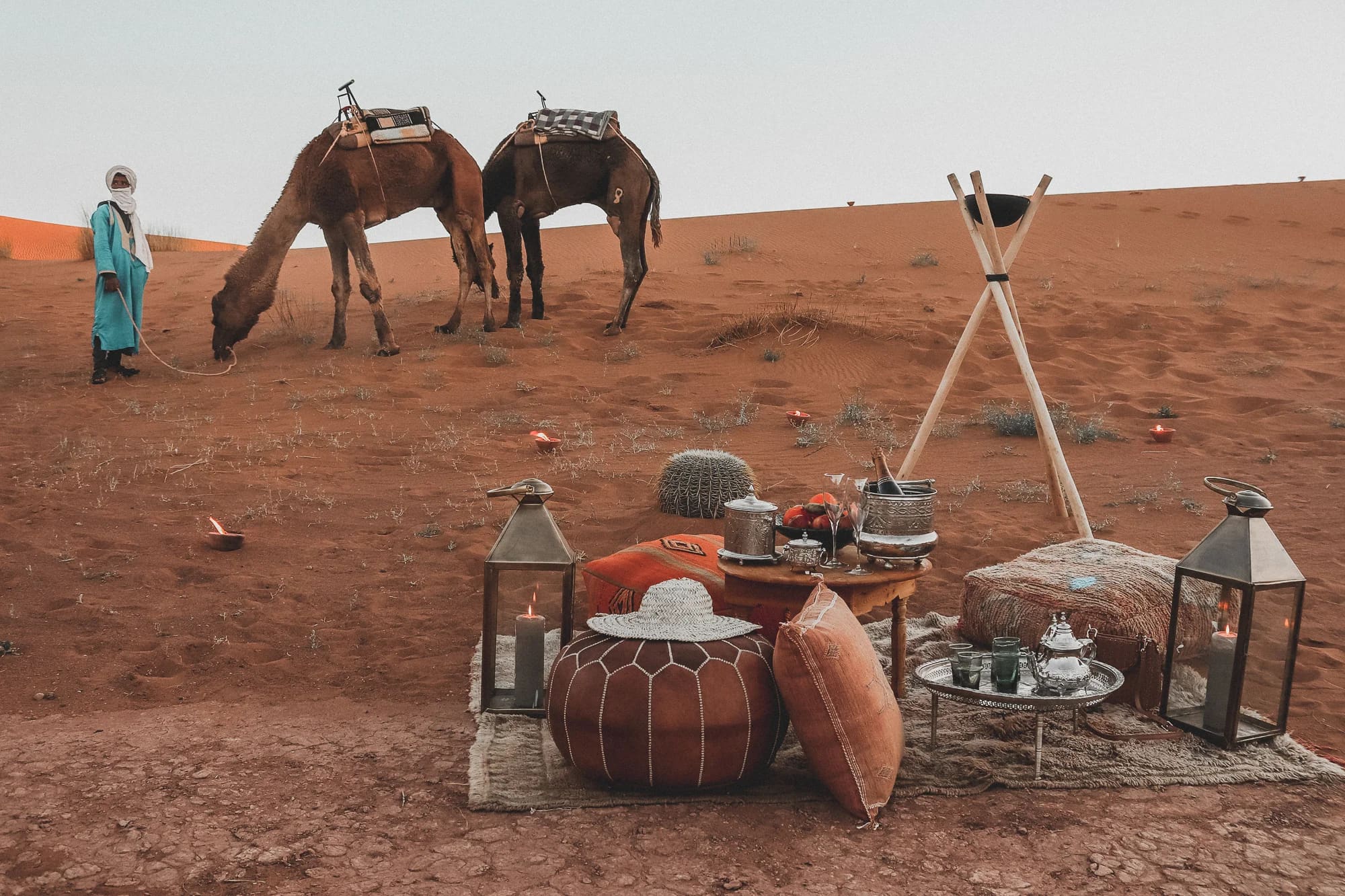 Due dromedari con il cammelliere, pouf, lanterne e tè tra le dune